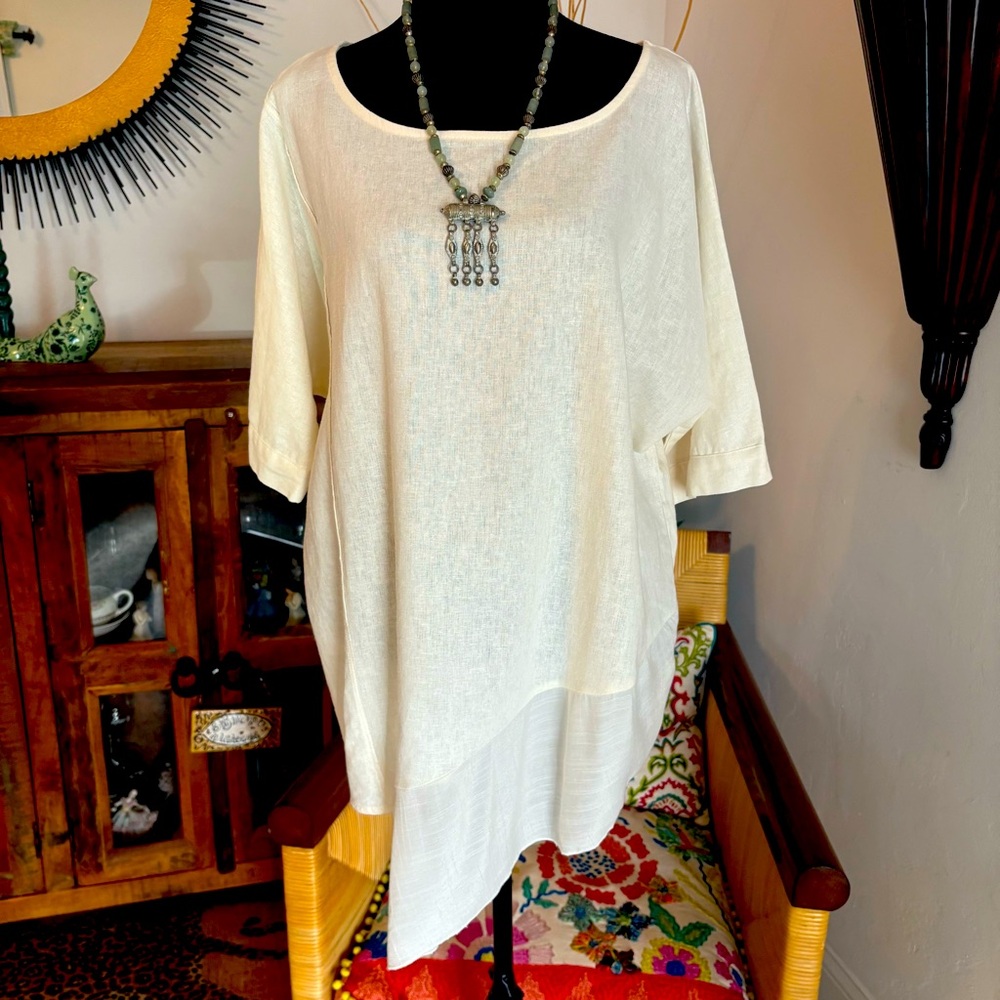 MELISSA PAIGE Cream Linen Blend Short Sleeve Long Tunic Top! Like new! Medium